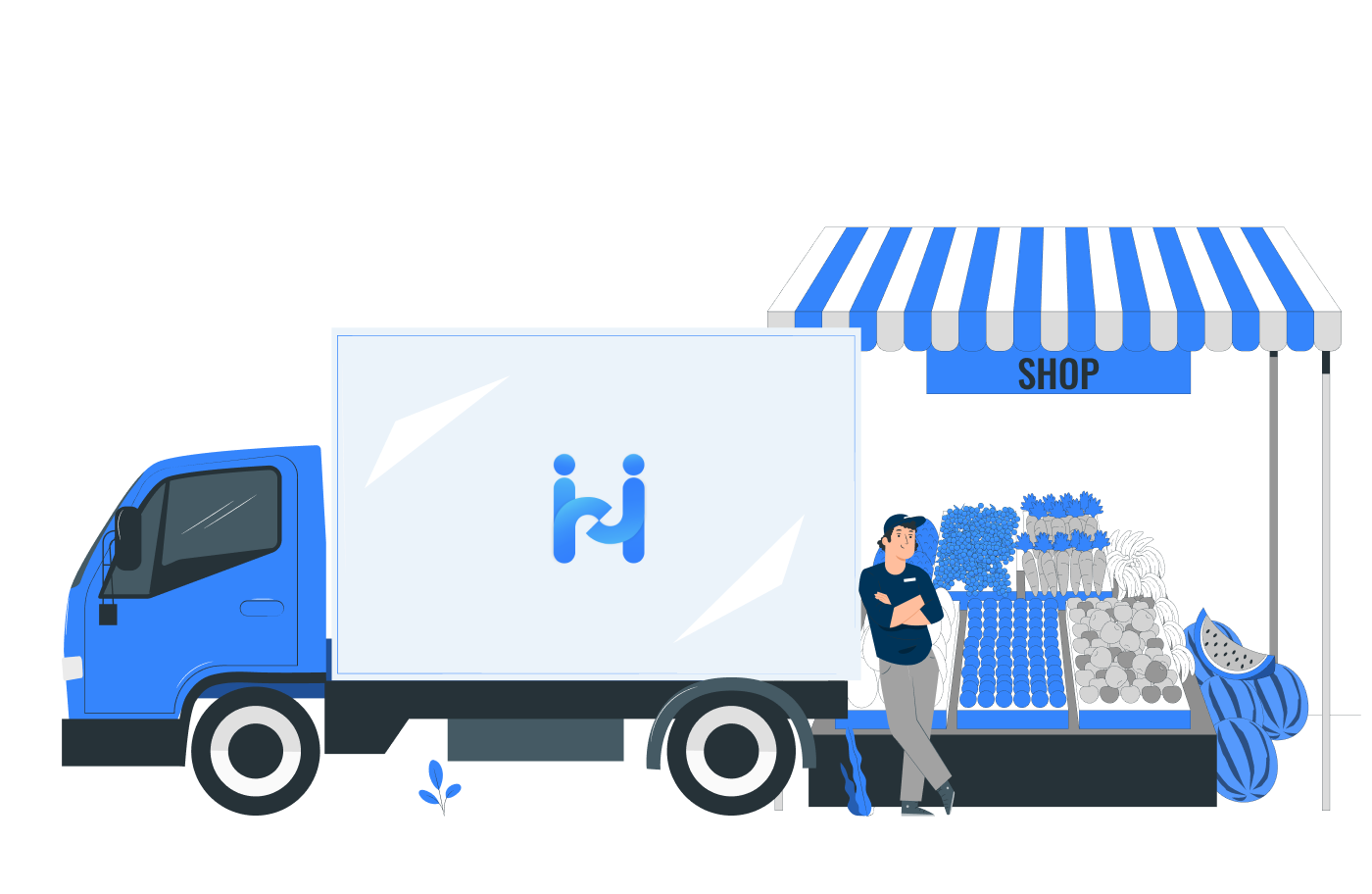 Delivery truck and market stall - Traditional shopping with modern convenience